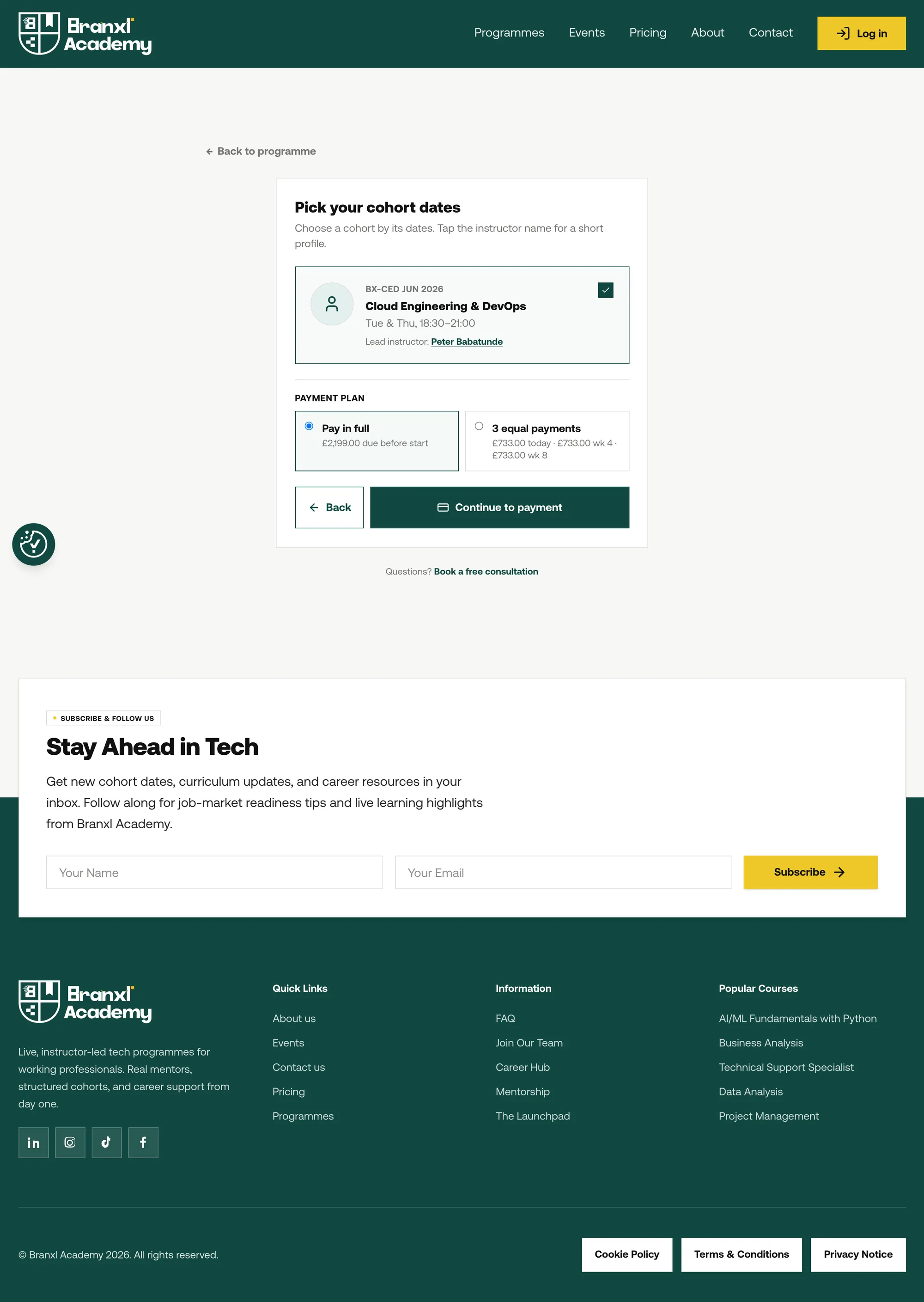 Cohort and payment plan